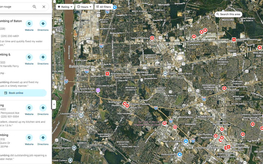 Local SEO search results in Baton Rouge showing Google Map Pack rankings